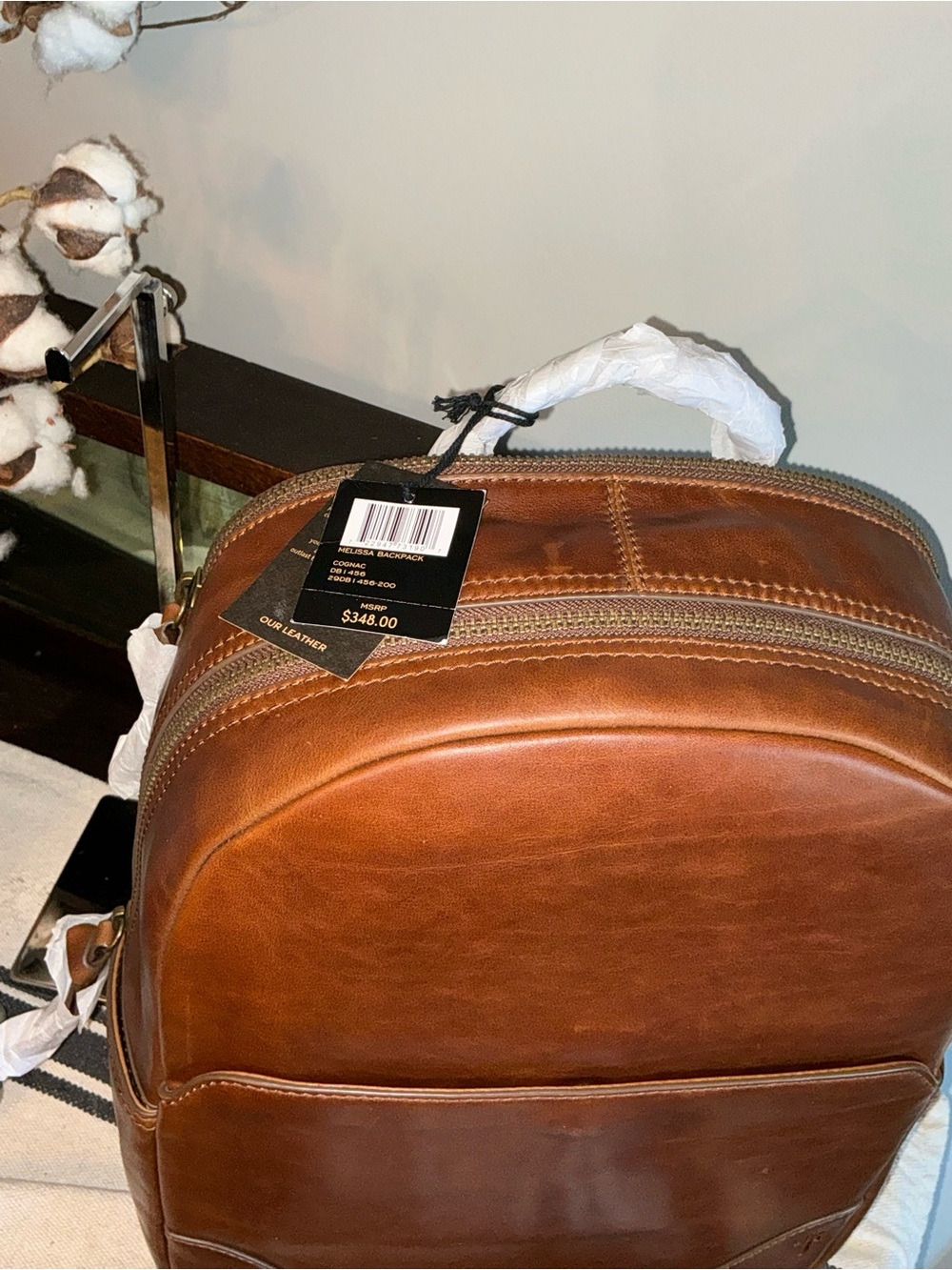 NWT Frye Melissa Leather Large Backpack Luggage Sleeve Cognac Brown MSRP $348 - Picture 14 of 15
